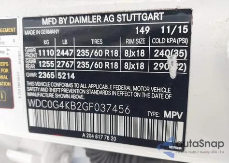 2016 Mercedes-Benz Glc 300 4Matic из США, поврежденный, VIN WDC0G4KB2GF037456